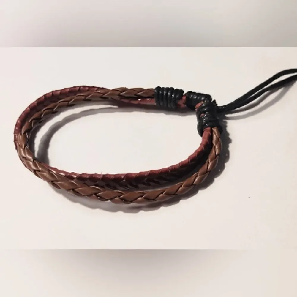 Men's bracelet leather braided layered brown new d72‎